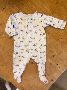 Kissy Kissy White Footed One-Piece with Blue and Green Train Print
